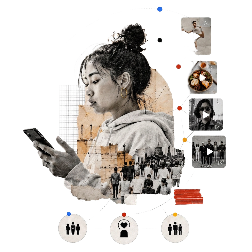 a person at the centre of a circle of cultural signals — video, food, faces, communities