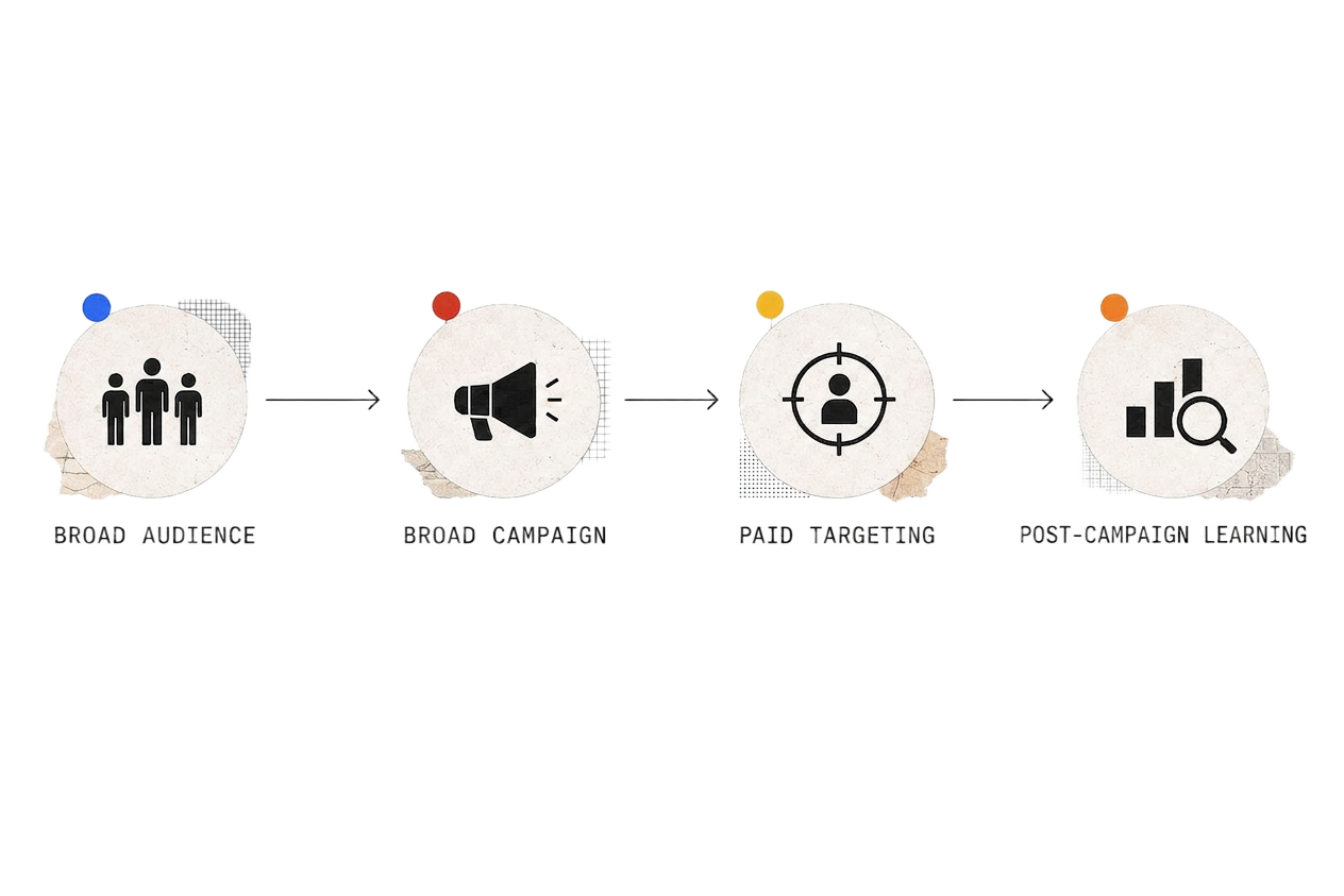 the old way: broad audience → broad campaign → paid targeting → post-campaign learning, drawn as four torn-paper circles