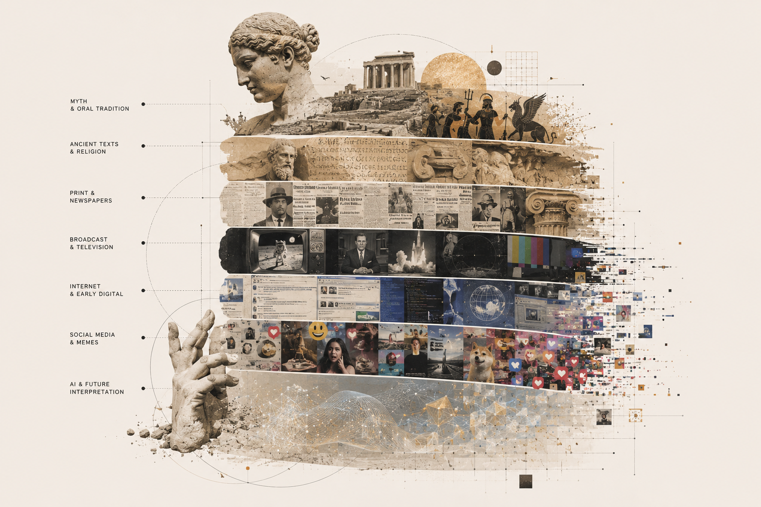 a layered collage of cultural eras — myth, ancient texts, print, broadcast, internet, social media, ai — flowing as horizontal strata of meaning