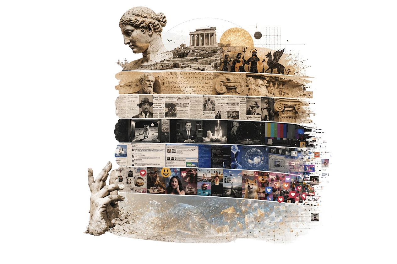 a layered collage of cultural eras — myth, ancient texts, print, broadcast, internet, social media, ai — flowing as horizontal strata of meaning